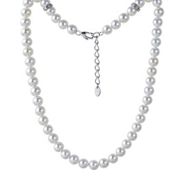 Forge & Foundry Men's Shell Pearl (Man-Made) Necklace with Polished Stainless Steel or 18k Gold-Plated Stainless Steel Artist-Designed Custom Beads - Sizes - 10mm | 8mm | 6mm [Fortier] (10mm pearl - polished stainless steel clasp)