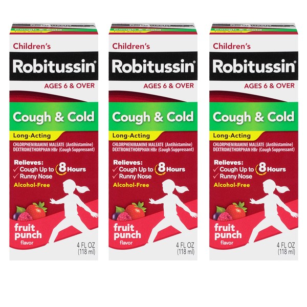 Children's Robitussin Long-Acting Cough and Cold Medicine for Kids, Fruit Punch Flavor - 4 Fl Oz x 3
