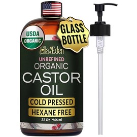 Ella & Eden Organic Castor Oil - Big 32 Fl Oz Glass Bottle - Cold-Pressed, Hexane-Free, USDA Certified, Unrefined & 100% Pure - For Hair Growth, Face, Skin