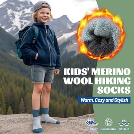 MOSEY KOSY 6 Pairs Children's Merino Wool Hiking Socks Boys Girls Toddlers Winter Thermal Thick Warm Lined Crew Boat Socks for Hiking, Colour blocking