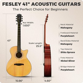 Fesley X 41" Acoustic Guitar Kit for Beginner: 4/4 Full Size Cutaway Acustica Guitarra Bundle for Adult Teen with Gig Bag, Tuner, Strap, Strings, Picks, Capo, FF60, Natural