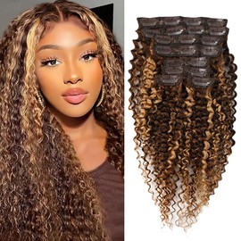 4/27 Kinky Curly Clip Ins 22 Inch 110g 8pcs 3C 4A Curly Clip In Hair Extensions Real Human Hair Full Head for Women 100% Brazilian Remy Human Hair Extensions with 20 Clips #4/27