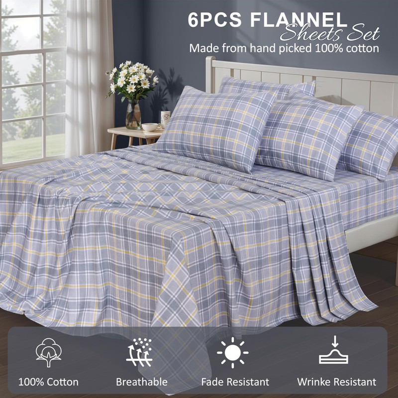 RUVANTI Flannel Sheets King Size 6 Pcs - 100% Cotton