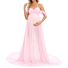 ZIUMUDY Maternity Maxi Chiffon Gown for Photoshoot Photography Off Shoulder Wraped Sheer Chiffon Dress (Pink)