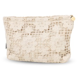 Miucatch Women's Makeup Pouch, Cosmetics, Storage, Large Capacity, Zipper Bag, Large, Embroidery, Travel, Makeup Bag, beige