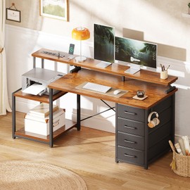 ODK 55 Inch Computer Desk with Power Outlets & 4 Drawers, Home Office Desk with Monitor Stand & Storage Shelves, Vintage