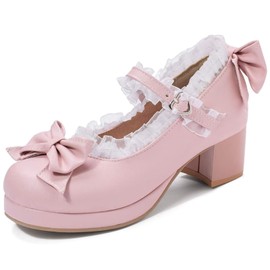KISSASA Womens Cute Platform Shoes Chunky Mary Jane Heels Bow Court Shoes Size 4.5UK,Pink