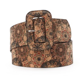 TRIWORKS Flower Pattern PU Leather Belt Vintage Floral Wide Belt Boho Print Wide Belt Printed Cork Belt 70s Boho Look Belt Wide Belt for Jeans Dress Waist Belts For Women