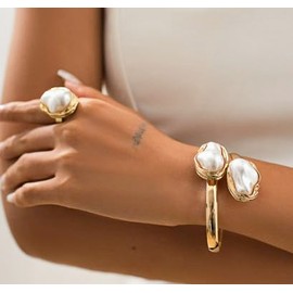 Rainbow Cloudz Baroque Pearl Bracelet & Ring Set – Adjustable Gold-Tone Cuff & Statement Ring, Elegant Imitated Pearl Jewelry