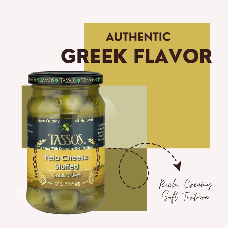 Tassos Stuffed Green Olives, Feta Cheese, 12 Ounce