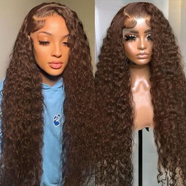 Chocolate Brown 13x6 Deep Wave Lace Front Wigs Human Hair 210Density Curly Wig HD Lace Front Wigs Human Hair Pre Plucked Frontal Wigs Human Hair Brown Glueless Wig For Women 22Inch