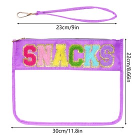 Rthjsfj Chenille Letter Bag, Clear Stuff Travel Pouch Makeup Bags with Zipper, Nylon Clear Cosmetic Toiletry Bag for Women Girls (Purple-Snacks)