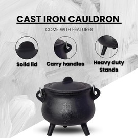 Soul Sticks Reusable 6" Cast Iron Cauldron with Lid and Hanging Handle for Spell Casting, Smudging, Ritual & Blessings Pot Belly Witchcraft (Hamsa Hand)