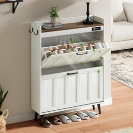 ChooChoo Shoe Storage Cabinet with 2 Flip Drawers, Deodorizing Shoe Organizer Storage for Entryway, Freestanding Hidden Slim Narrow Shoe Rack Cabinet, Antique White & Brown