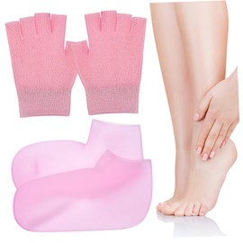 Vaguelly Moisturizing Gel Gloves and Socks Set 1 Pair Each Pink Fingerless Spa Repair Gloves for Dry Hands and Feet Care for Night Use