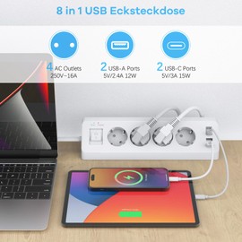 Ecksteckdose mit 2 USB und 2 Type-C, 4 Fach Mehrfachsteckdose mit Schalter, Steckdosenleiste Überspannungsschutz mit 2M Kabel für Küche (Weiß)