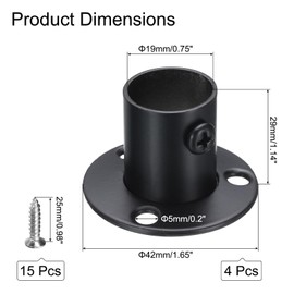 sourcing map 4Pcs Stainless Steel Closet Rod Brackets, 3/4 Inch Dia Wardrobe Holder for Pipe, Shower Curtain Rod Pole End Supports Sockets Flange with Screws Black