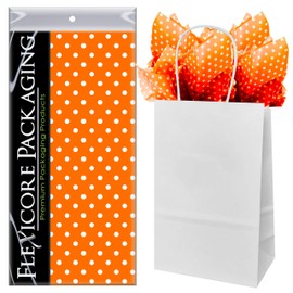 Flexicore Packaging White Kraft Paper Gift Bags & Orange Gift Wrap Tissue Paper | Size: 5.25 Inch X 3.25 Inch X 8.25 Inch | Count: 50 Bags | Color: Orange Polka Dot