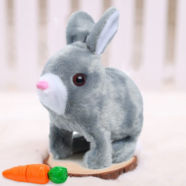 MIAODAM Bunny Stuffed Animal, Hopping Bunny Toy Interactive Electronic Pet with Sounds and Movements, Crawling Baby Toy Walking Wiggle Ears Twitch Nose Birthday Gift for Toddlers 1-3, Grey, 7''