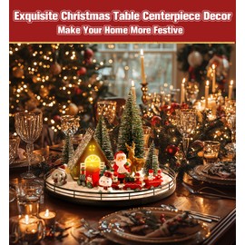 12 Pcs Christmas Village Set - 13" Oak Wooden Lazy Susan with Santa Train, House & Trees – Indoor Christmas Centerpiece Decor for Holiday Coffee Table, Dining Table, or Mantel Decor
