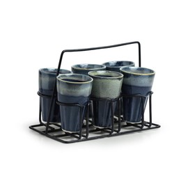 ExclusiveLane 'Buzzing Blues' Stoneware Tea Glasses Set of 6 with Iron Holder | Indian Cutting Chai Glass with Holder, Chai Glasses Indian for Home, Kitchen, Office (Set of 6, Faded Blue)