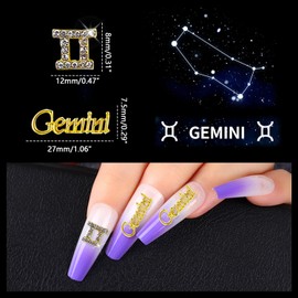 JERCLITY 20pcs Gold Alloy Gemini Zodiac Nail Charms - 10pcs Gemini Sign Symbols & 10pcs Constellation Words for Nails (May 21 to June 21)