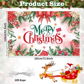 Merry Christmas Banner, Large Watercolor Red Xmas Backdrop Banner with Poinsettia Flowers Gifts Pattern, Christmas Hanging Poster Sign for Outdoor Indoor Holiday New Year Party Decoration, 72.8x43 in