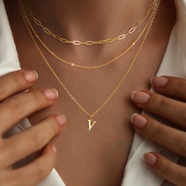 FIOROYAL Kette Mit Damen Gold Layered Kette Mit Buchstaben 14K Vergoldet Initialen Halskette Buchstabenkette Anhänger A-Z Personalisierte Ketten für Teenager Mädchen V