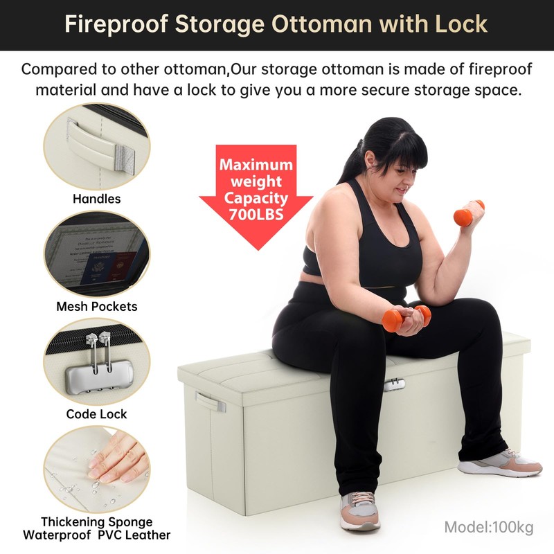 ENGPOW Storage Ottoman,Fireproof Folding Storage Bench with Lock(15”x 43”x15”),Waterproof Leather