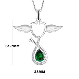Aprila Women Necklace 925 Sterling Silver Guardian Angel Wings Stethoscope Pendant Necklace with Cubic Zirconia May Birthstone Emerald Color Jewelry Medical Doctor Nurse Jewelry