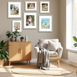 AUEAR, Mulitcolor Gallery Wall Picture Frames 6 Pack With Mat - 3 Pack 11x14 in White & 3 Pack 16x20 in Grey - Engineered Wood Frame With Plexiglass