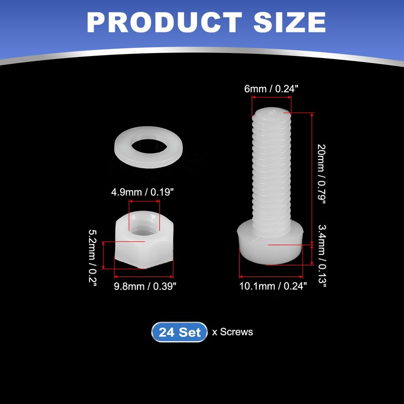 PATIKIL M6x20mm White Nylon Bolts Plastic Nuts Full Thread Head