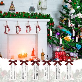 24 Pack Christmas Bible Verses Ornaments Wooden with Buffalo Plaid Bow Christmas Tree Hanging Sign Farmhouse Christmas Religious Christian Gifts Church Supplies Ornaments for Xmas Tree Decoration