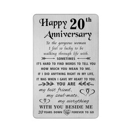 TANWIH 20th Anniversary Card Gifts for Wife Women, Happy 20 Year Wedding Anniversary Cards for Her, Engraved Metal Wallet Insert