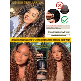Sunber EasiContour V Part Human Hair Highlight Ombre Brown Curly Glueless Wig 180% Density Upgrade Vpart Wigs No Leave Out No Gel V Shape Clip Wigs No Sew in Ready to Go Beginner Friendly 16Inch