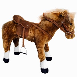 Ponyland: Music Standing Horse - Brown & White - 34" Plush Sit-On Pony, Saddle, Bridle & Stirrups, Fully Assembled, Brown W/White Socks, Kids Ages 3+