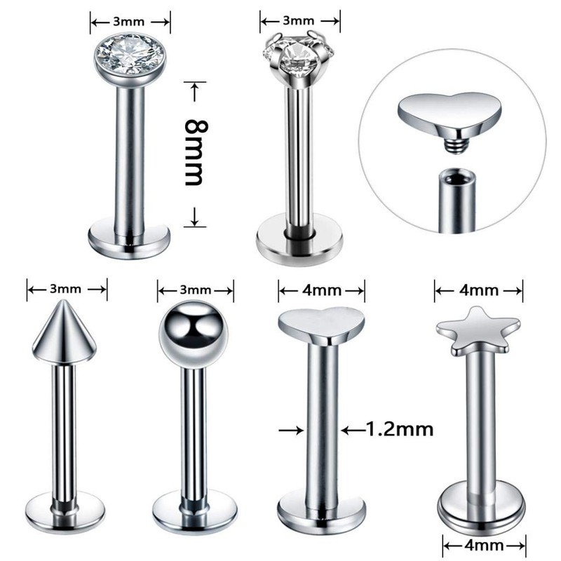 Prettyia 12Pcs 16G Crystal CZ Anillo De Labio Labret Roscado