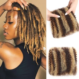 Afro Kinkys Bulk Human Hair for Dreadlock Extensions 12 Inch Highlight Brown Afro Bulk Human Hair for Braiding Twists Repair Locs and Braids Kinky Afro Bulk Human Hair for Locs 50Gram Each Pack P4/27#