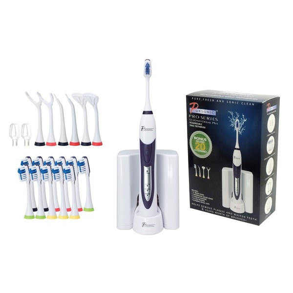 Pursonic S520 Rechargeable Sonic Toothbrush- Includes 20 accessories: 12 Brush Heads & More, White