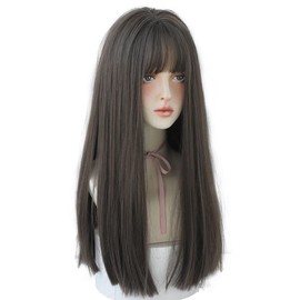URCGTSA 22 Inches Long Straight Hair Wig for Women Natural Synthetic Brown Hair Wigs With Bangs Party Cosplay Wig for Girl (Light Brown)
