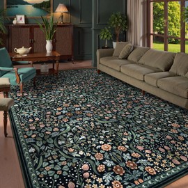 Lahome Floral 9x12 Black Rug for Living Room, Boho Thin Stain Resistant Dining Room Rugs for Under Table, Soft Carpet with Rubber Backing for Guestroom