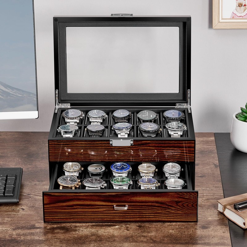 BEWISHOME High-End Watch Box, 20-Slot Watch Case with Large Glass