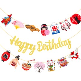 Japanese Style Birthday Banner with Gold Glitter, 3 Strands Japan Theme Party Garland Decor featuring Kitsune Mask & Sakura, Unique Asian Themed Birthday Decor for Boys Girls