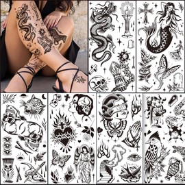 Tazimi 12 Sheets Large Black Old School Temporary Tattoos for Women Men& Adult, Traditional Vintage Mixed Styles Half Arm/Tiny Tattoo Stickers,Waterproof American Classic Fake Tattoos