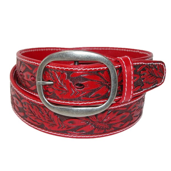 CTM Leather Western Embossed Belt with Removable Buckle, 38, Red