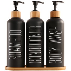Prus Waso Shampoo and Conditioner Dispenser with Bamboo Pumps & Tray, Perfect for Bathroom Essentials for New Home (Black)