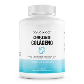 Triple colágeno (Marino, Porcino y Bovino) De Tipo 1, 2 Y 3 + Ácido Hialurónico y Biotina | Con vitamina C, D3 Y E | 200 Cápsulas | S&V | Sin Gluten y Sin OMG
