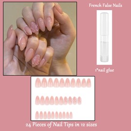 French Tip False Nails - 24pcs Almond Fake Nails - Nude Pink Press on Nails Short with Bowknot - 12 Sizes Oval Stick on Nails - Full Cover Acrylic Nails for Women Girls Nail Art