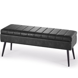 CUYOCA Storage Ottoman Bench, 43.5" Faux Leather Upholstered Entryway Bench, Long Ottoman with Storage for Living Room, Support 660lbs - Black