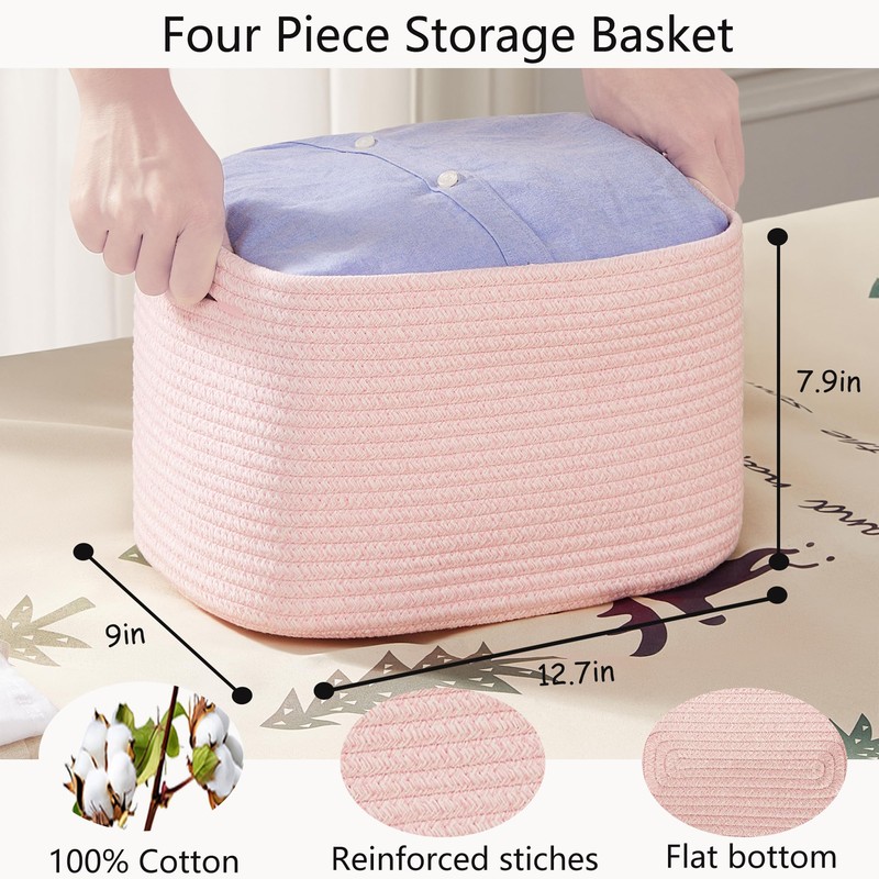 MOJOSCEND Pink Storage Bins 4 Pack Rectangular Rope Basket for